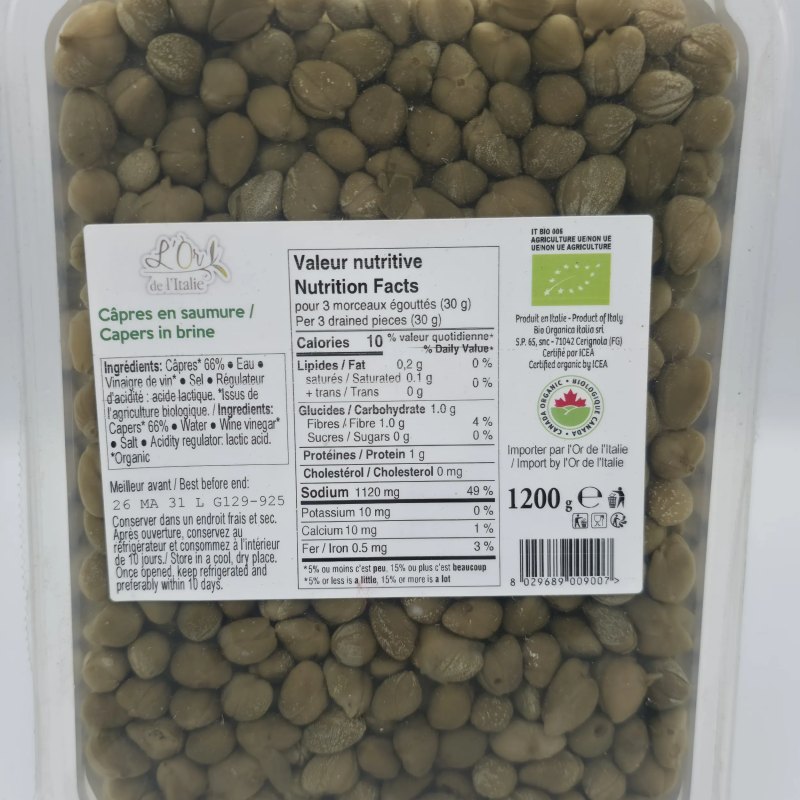 Câpres biologiques 1200g dans vinaigre de pomme