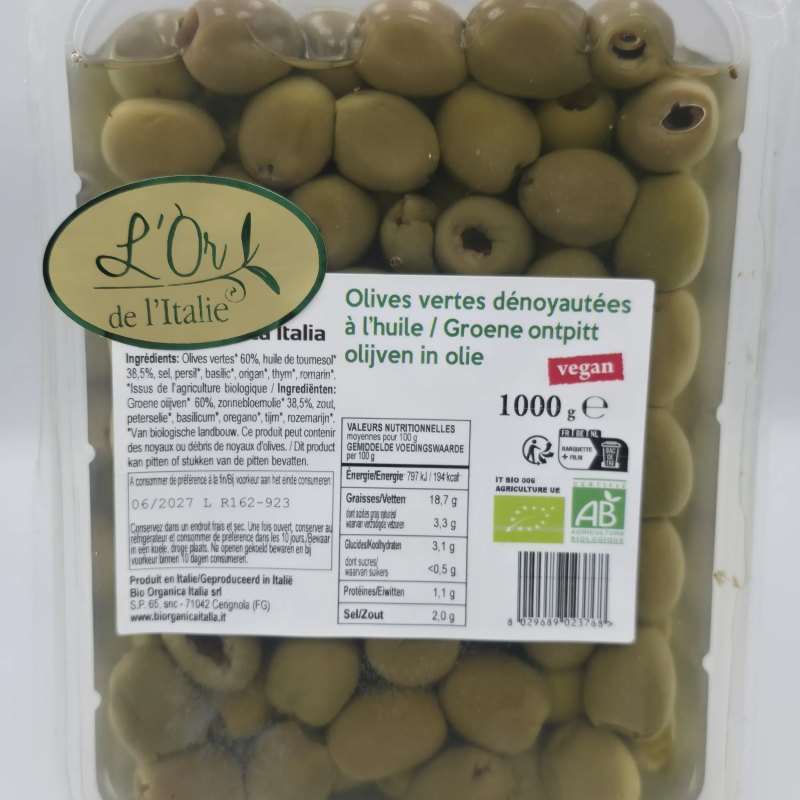 Olives verte desnoyautés biologiques 1000g/1000 ml