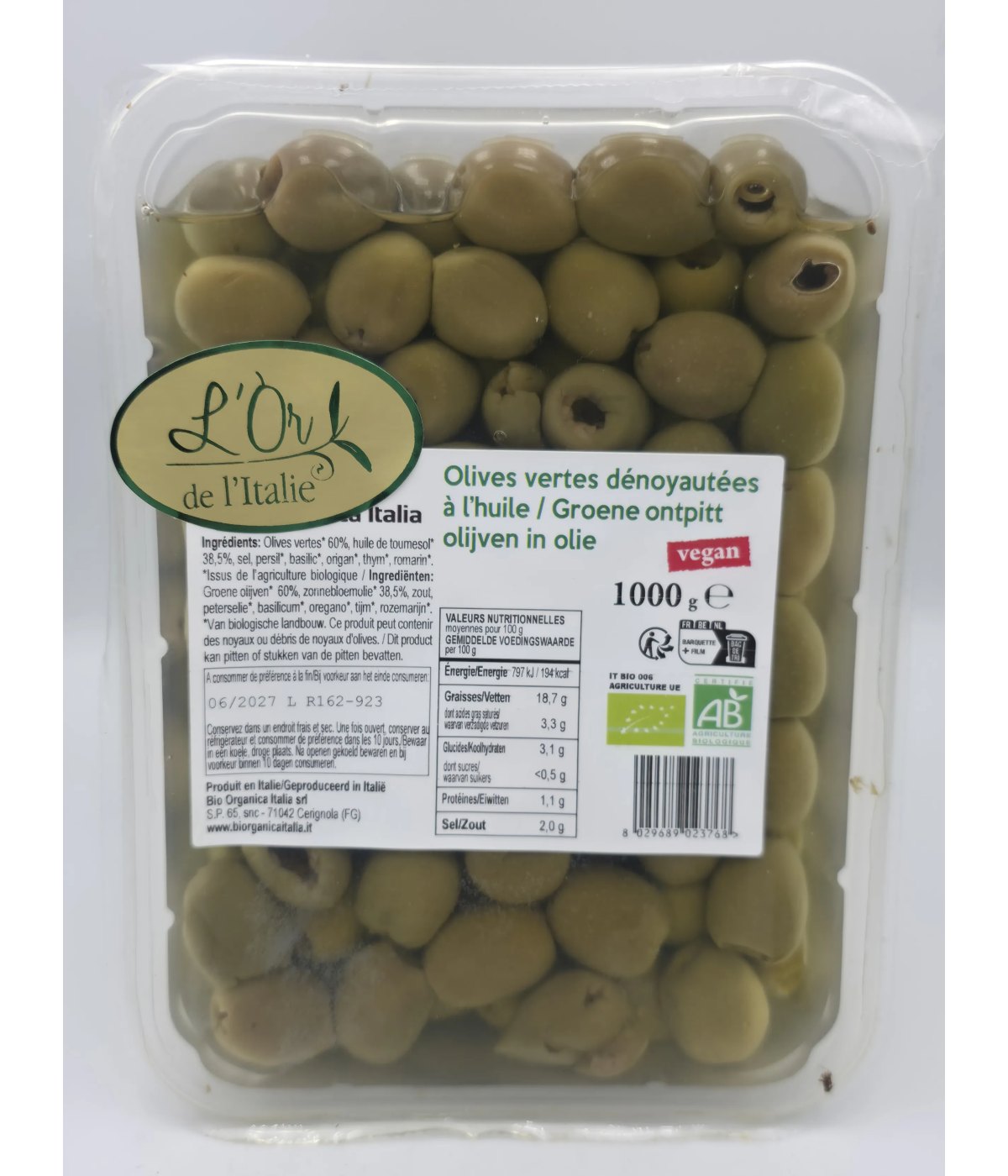 Olives verte desnoyautés biologiques
